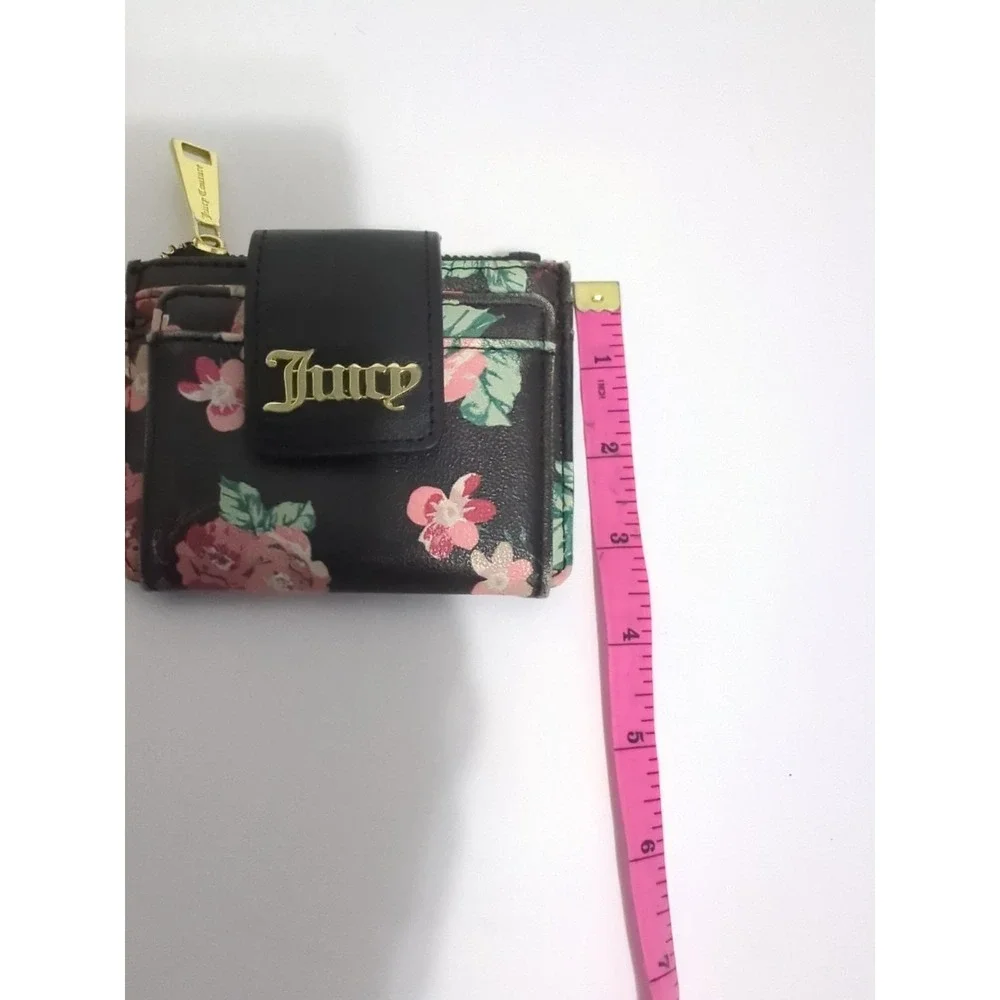 JUICY COUTURE Black Pink Flower Zipper Snap Wallet Card Case Small
